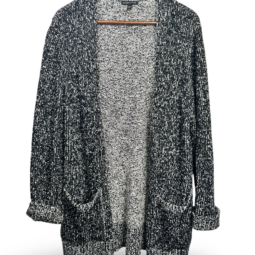 Eileen Fisher Black and White Open Cardigan 100% Organic Cotton Size M